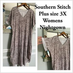 Southern Stitch 3X Leopard Print Nightgown midi short sleeve. Neck pockets EUC